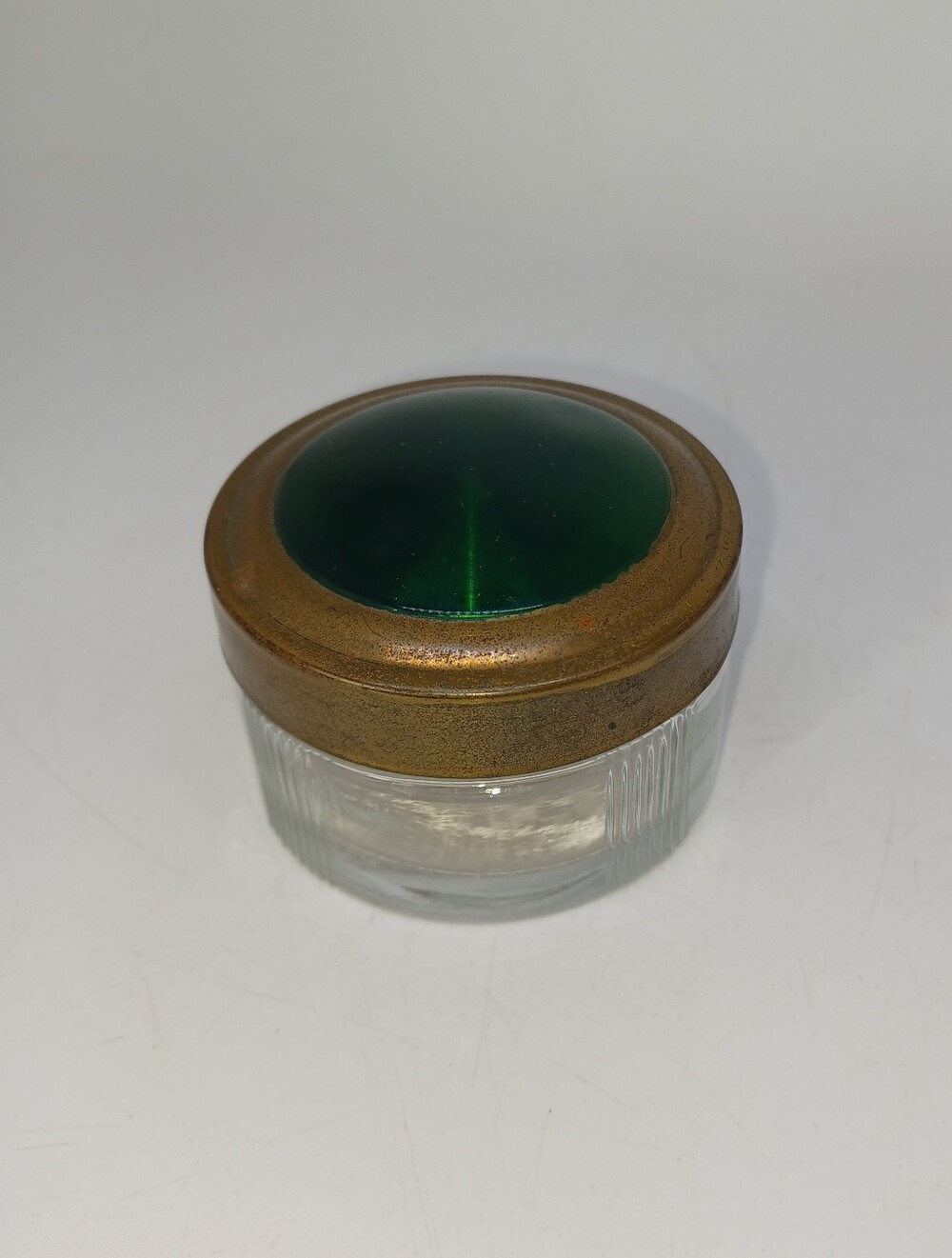 Art Deco Ribbed Glass Vanity Dresser Powder Jar green metal lid